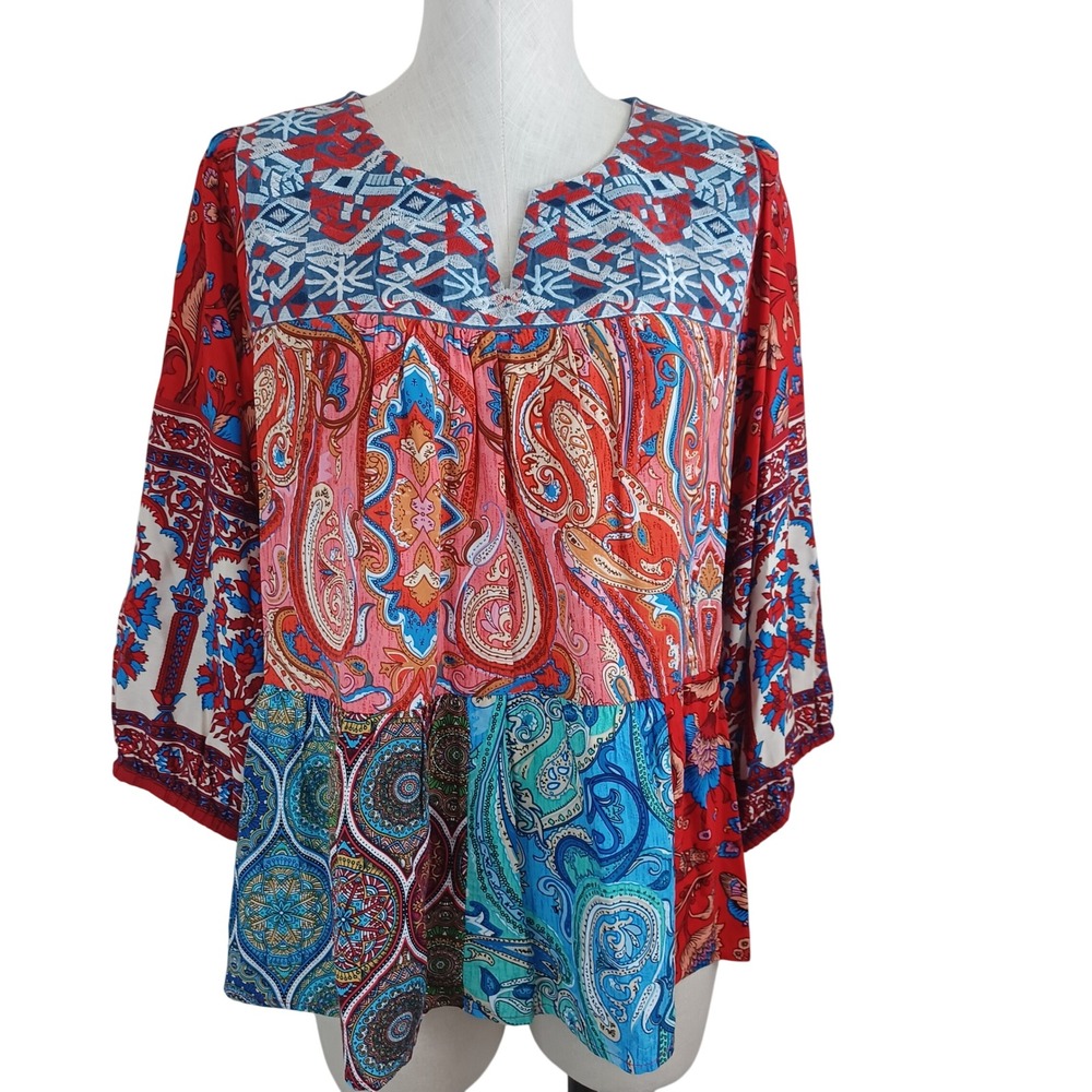 Caleoas Womens Paisley Patchwork Tunic Top Red Blue Mixed Print 3/4 Sleeve PL